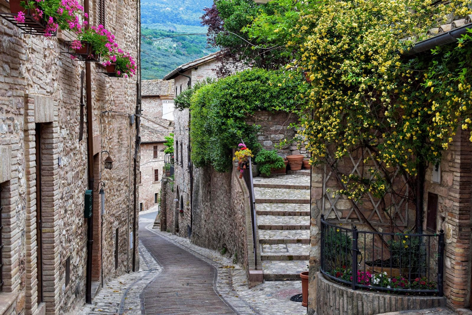 Un vicolo fiorito di Spello, tra pietra rosa e gerani
